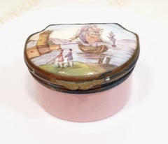 Antique Limoge Hand Painted Box in Pink enamel with Harbour Scene