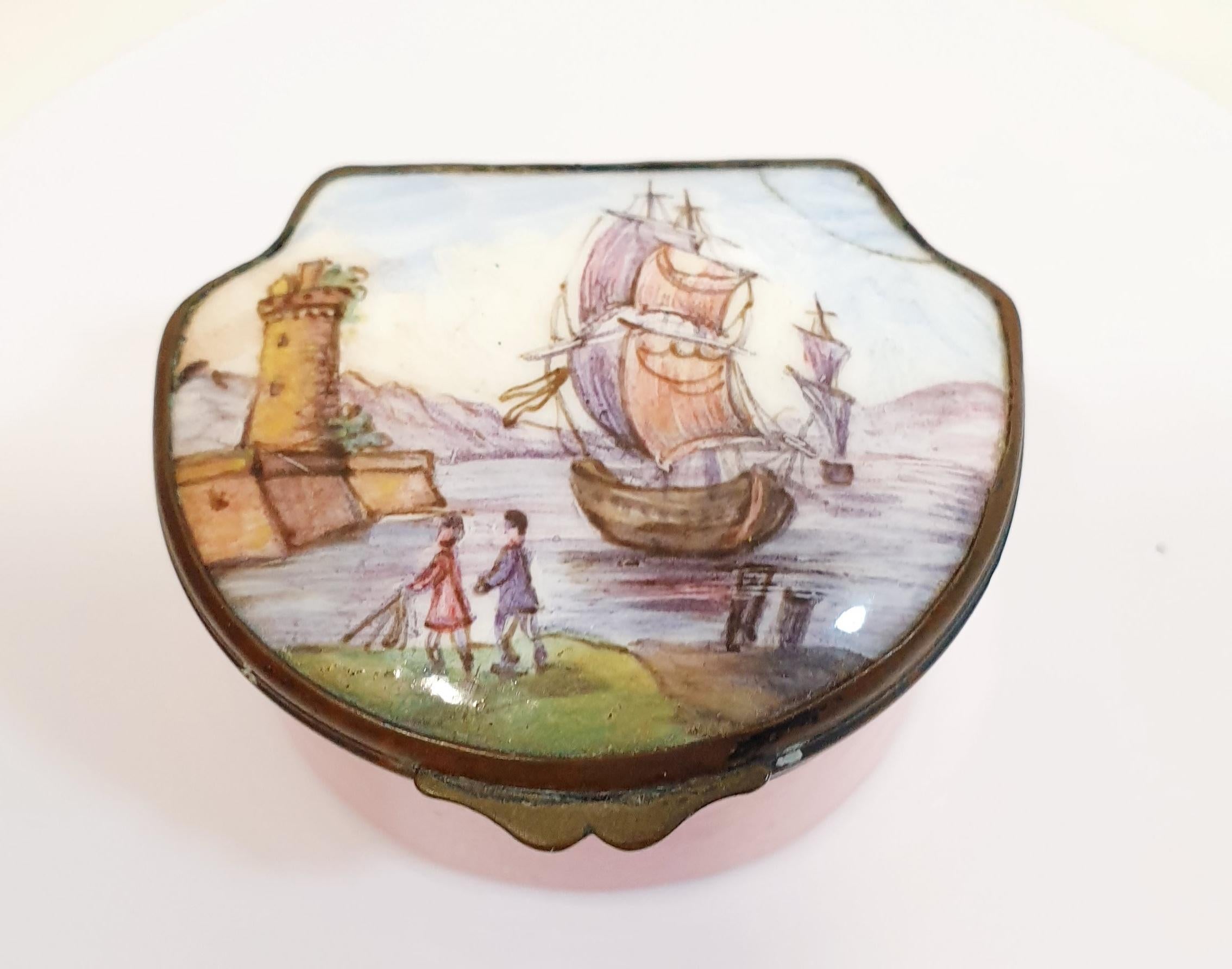 Romantic Antique Hand Painted Box in Pink enamel with Harbour Scene For Sale