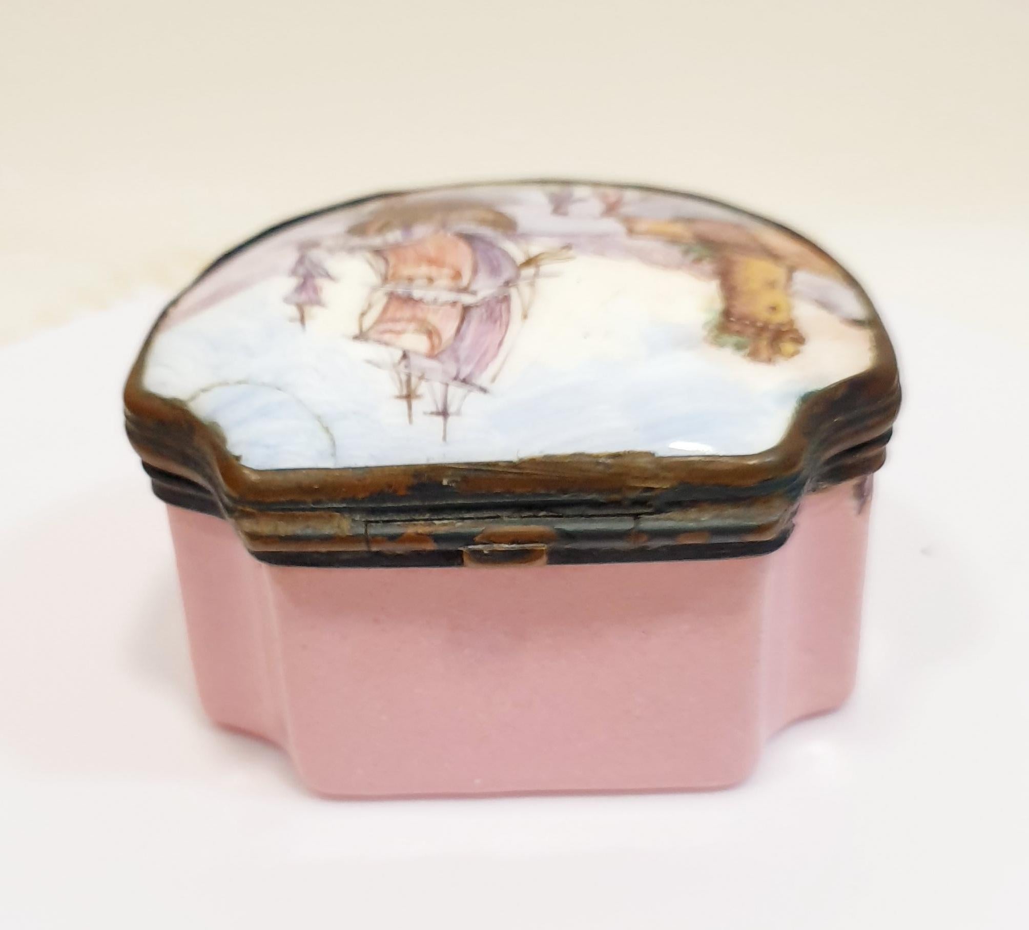 Hand-Painted Antique Hand Painted Box in Pink enamel with Harbour Scene For Sale