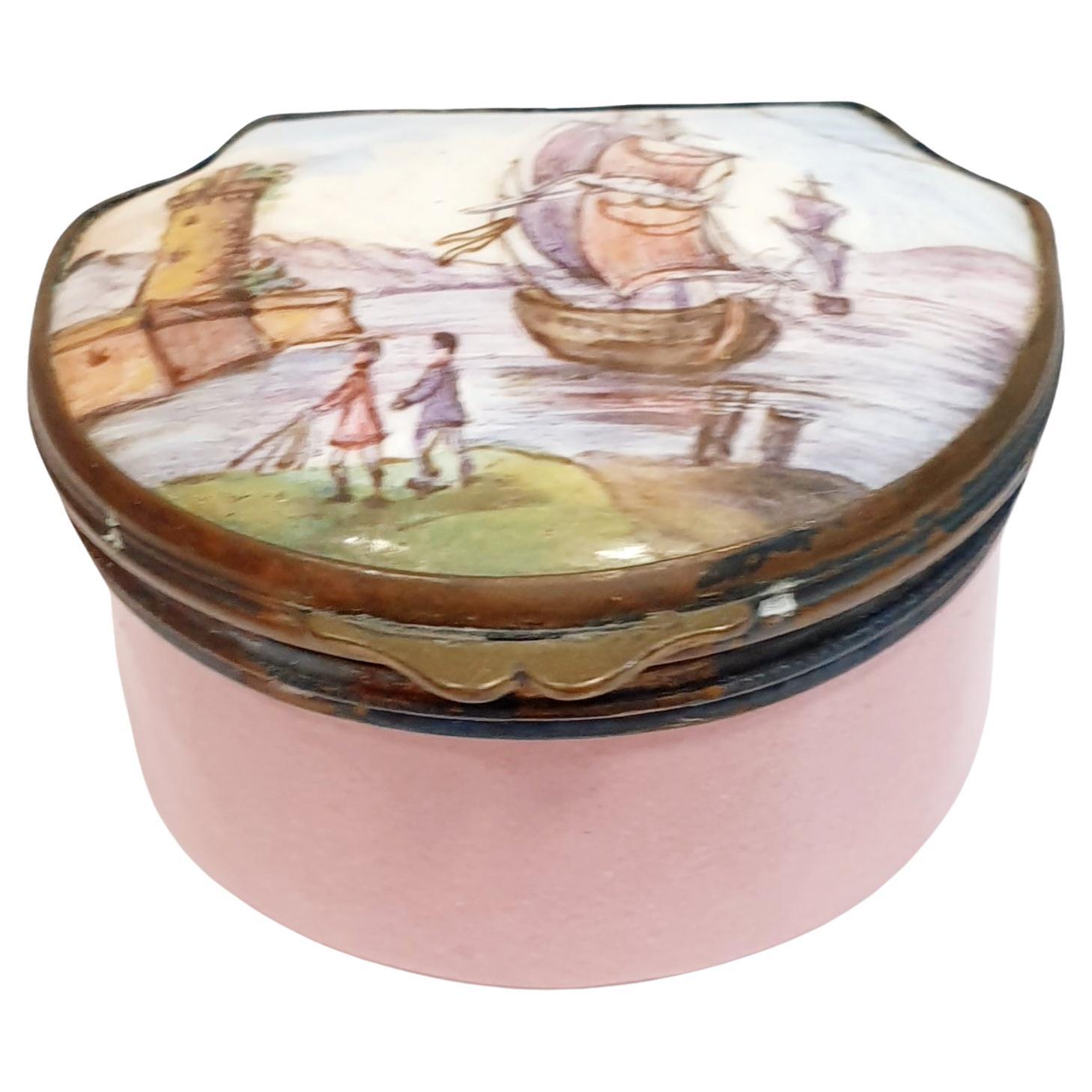 Boîte à bijoux antique du 19ème siècle en porcelaine rose peinte à la main avec scène de port