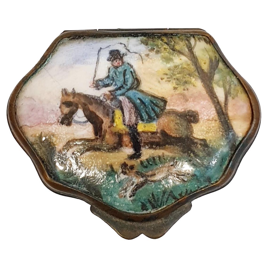 Boîte à bijoux ancienne du 19ème siècle en porcelaine peinte à la main avec scène de cheval de chasse en vente