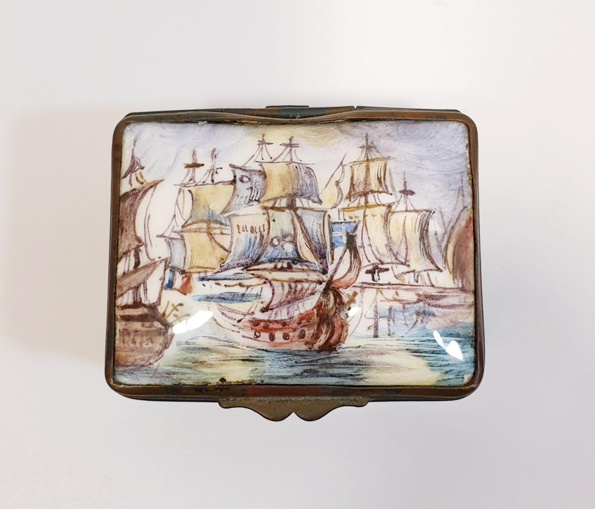 Romantic Antique Hand Painted Box in Pink enamel with  with Sailing Ships scene For Sale