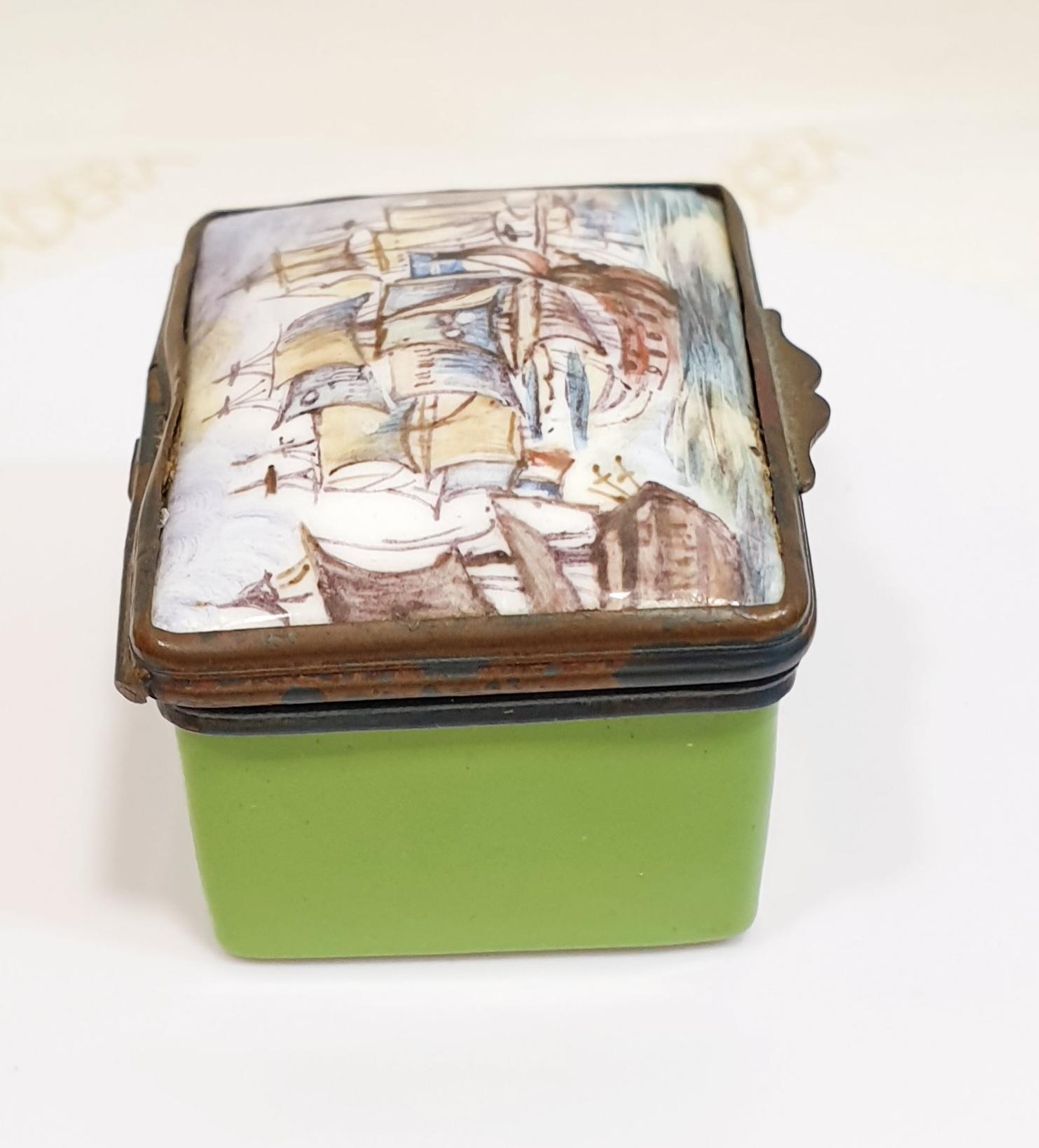 French Antique Hand Painted Box in Pink enamel with  with Sailing Ships scene For Sale