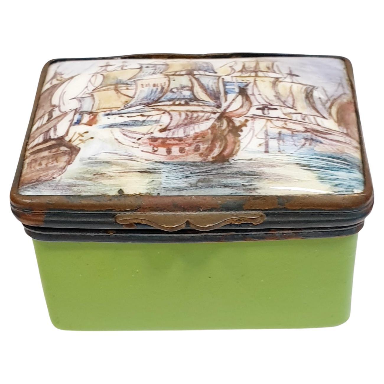 Antique Hand Painted Box in Pink enamel with  with Sailing Ships scene For Sale