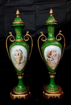 Antique 19th Matching Green Bolted Urns with Amorous Cenes, Ric00021