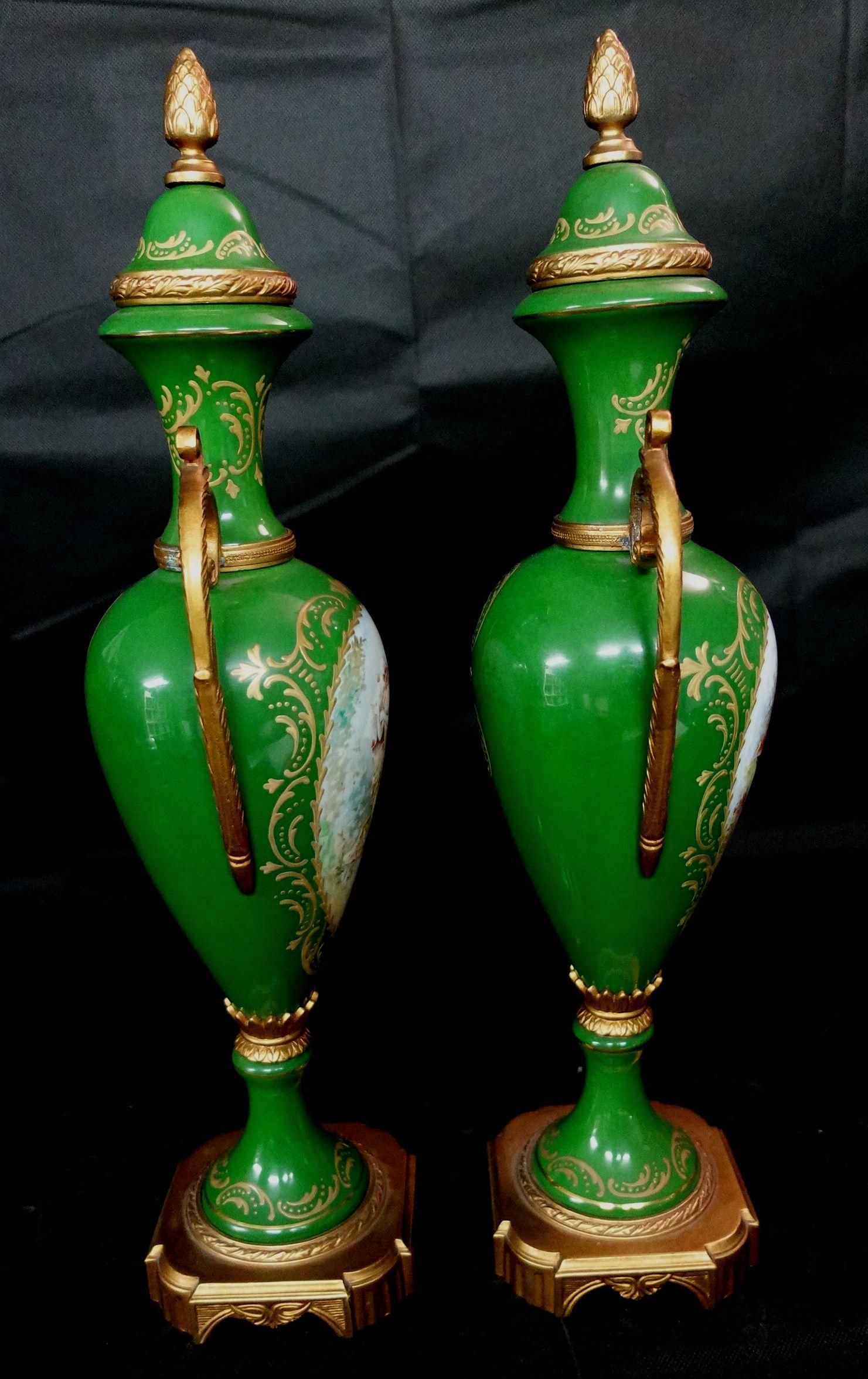French Antique 19th Matching Green Bolted Urns with Amorous Cenes, Ric00021 For Sale