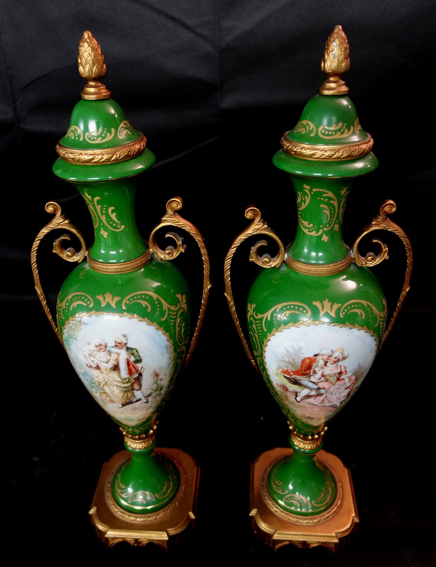 Antique 19th Matching Green Bolted Urns with Amorous Cenes, Ric00021 In Good Condition For Sale In Norton, MA