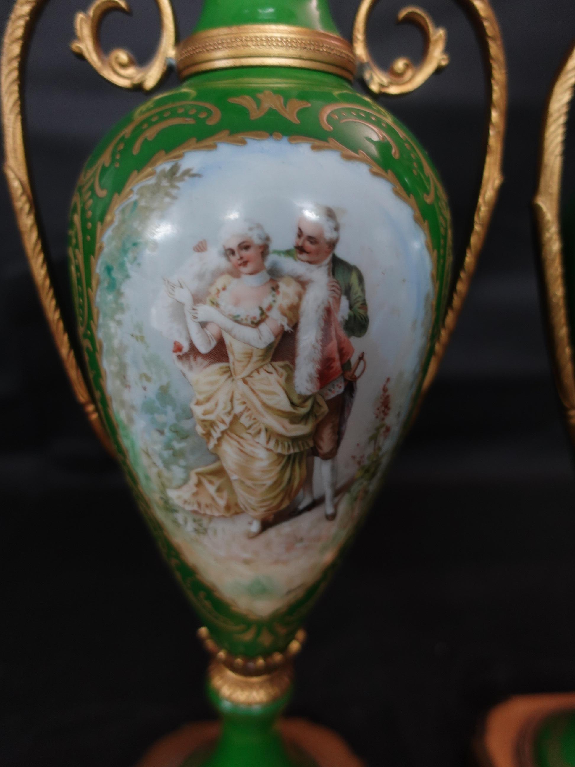 19th Century Antique 19th Matching Green Bolted Urns with Amorous Cenes, Ric00021 For Sale