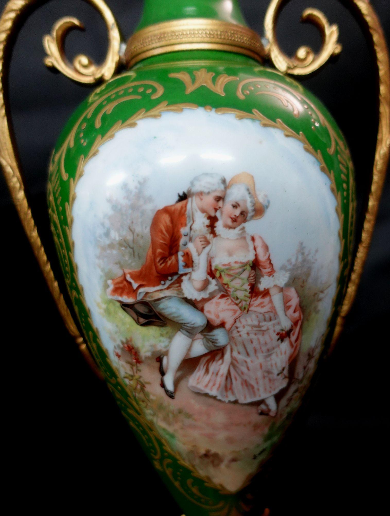 Porcelain Antique 19th Matching Green Bolted Urns with Amorous Cenes, Ric00021 For Sale