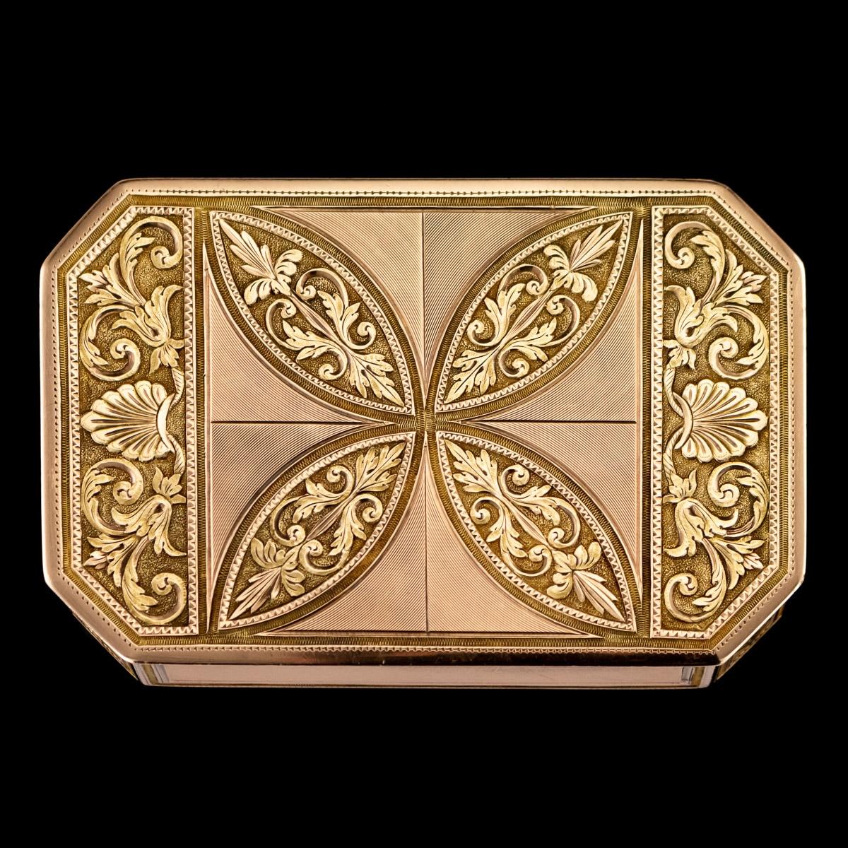 Antique early 19th century Austrian two-color 18-karat gold snuff box, of rectangular form with cut-corners, the hinged covers beautifully engraved with shell and scroll decoration and engine turning. Hallmarked with makers mark and town mark