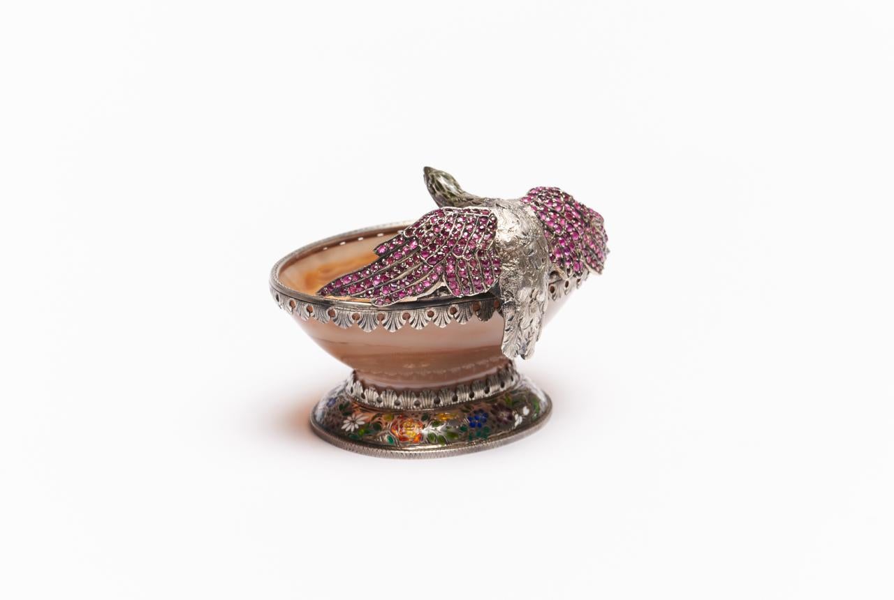 Antique 19th century Austrian Renaissance revival style solid silver-gilt enamelled and gem-set figural agate dish, the agate bowl supported by an oval domed foot, beautifully champleve enamelled with a multi colored scrolling foliage and flowers,