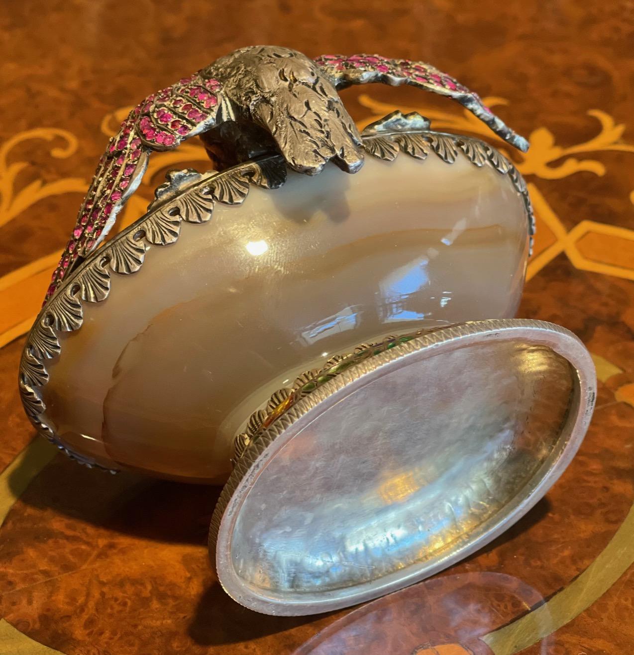 Champlevé Antique 19thc Austrian Solid Silver, Enamel & Gem Set Figural Agate Bowl C.1880 For Sale