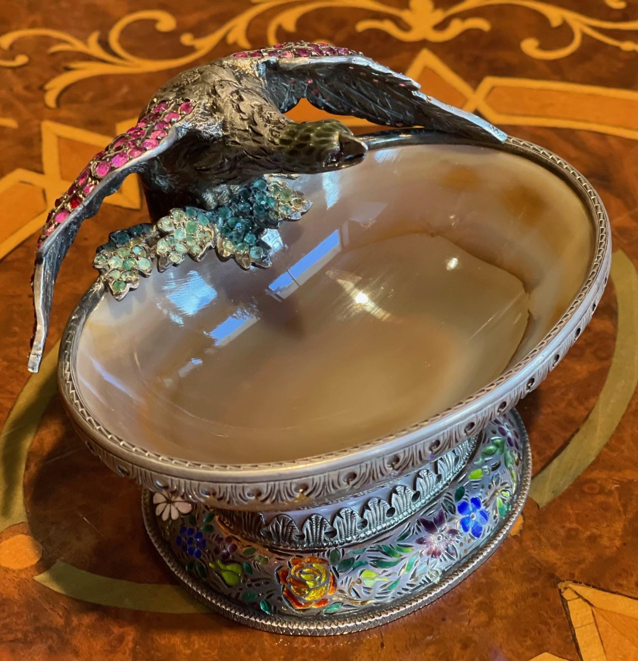 Antique 19thc Austrian Solid Silver, Enamel & Gem Set Figural Agate Bowl C.1880 In Good Condition For Sale In Ελληνικό-Αργυρούπολη, GR