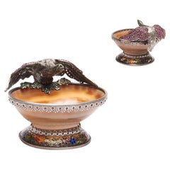 ANTIQUE 19. Jahrhundert AUSTRIAN SOLID SILBER, ENAMEL & GEM Set FIGURAL AGATE BOWL c.1880