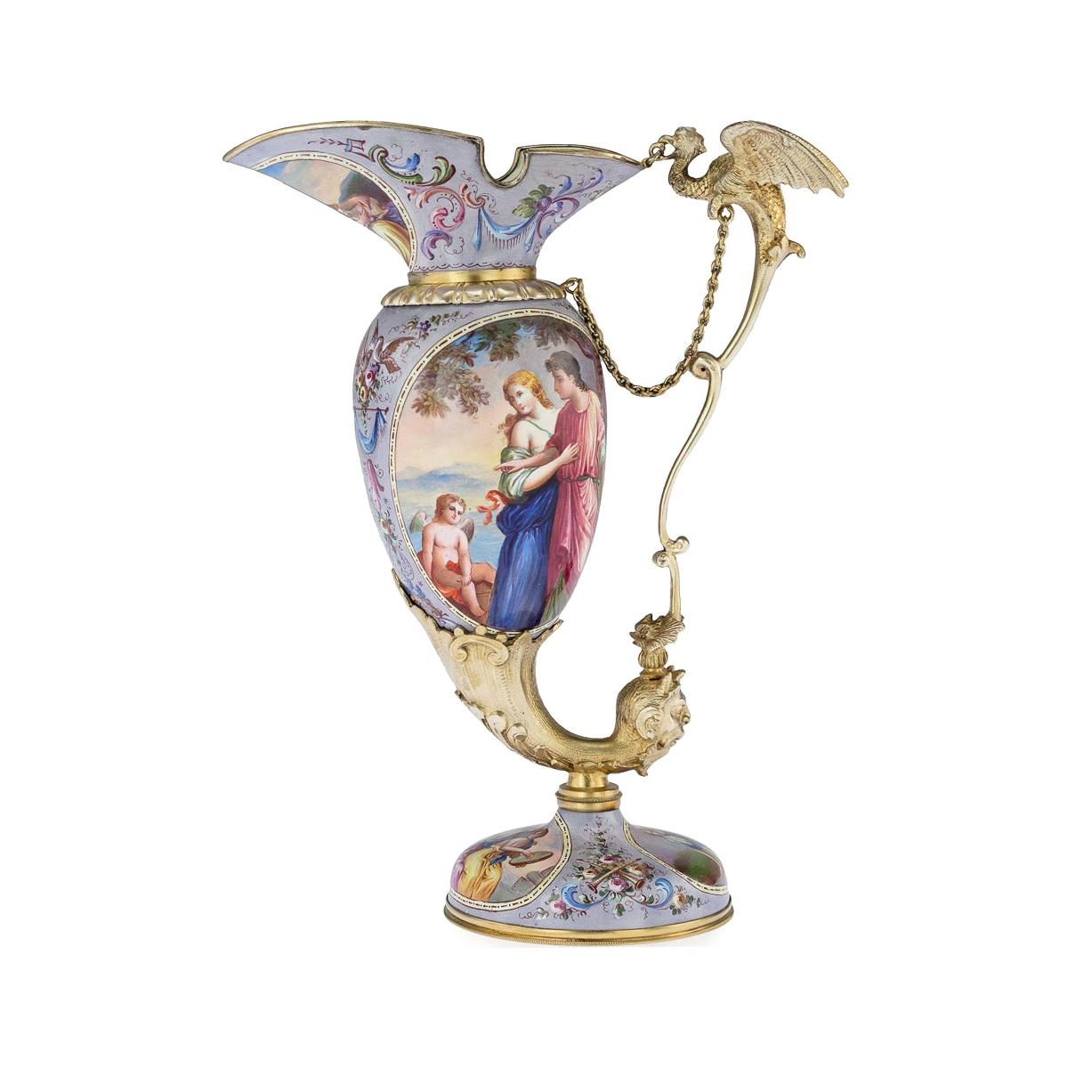 Antique Austrian Solid Silver-Gilt and Enamel Ewer, Ludwig Politzer, circa 1890