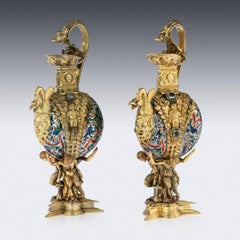 19th Century Austrian Solid Silver-Gilt, Enamel & Gem-Set Ewers, circa 1880