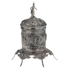 Antique 19thC Burmese Solid Silver Betel Box On Stand, Rangoon c.1890