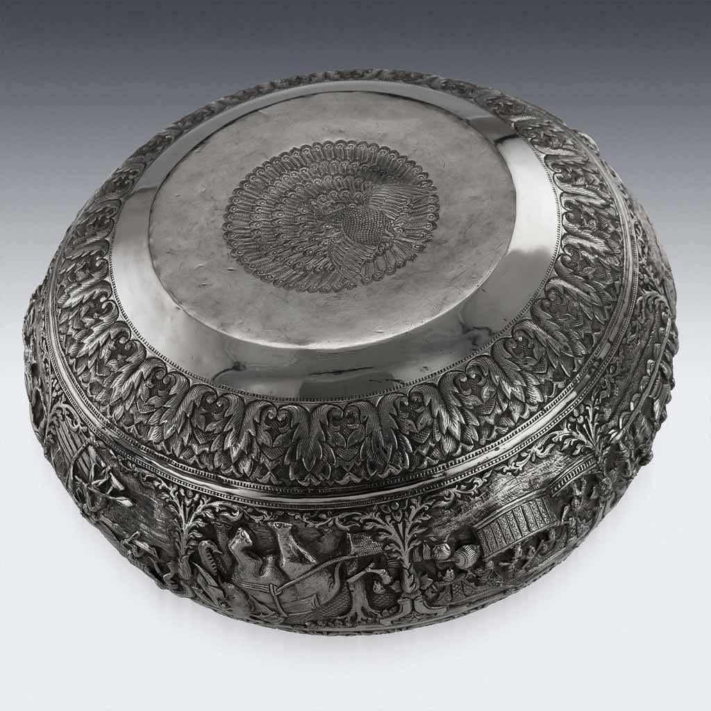 19th Century Antique Burmese Solid Silver Thabeik Bowl, Myanmar, Peacock Mark, circa 1890