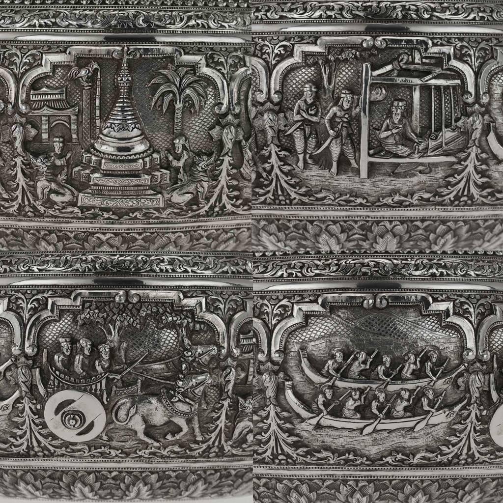 Antique Burmese Solid Silver Thabeik Bowl, Myanmar, Peacock Mark, circa 1890 2