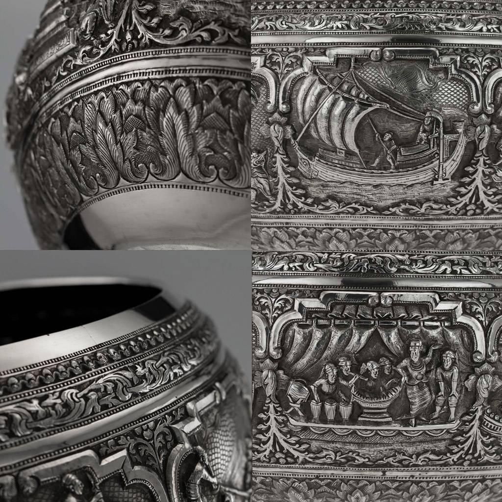 Antique Burmese Solid Silver Thabeik Bowl, Myanmar, Peacock Mark, circa 1890 3