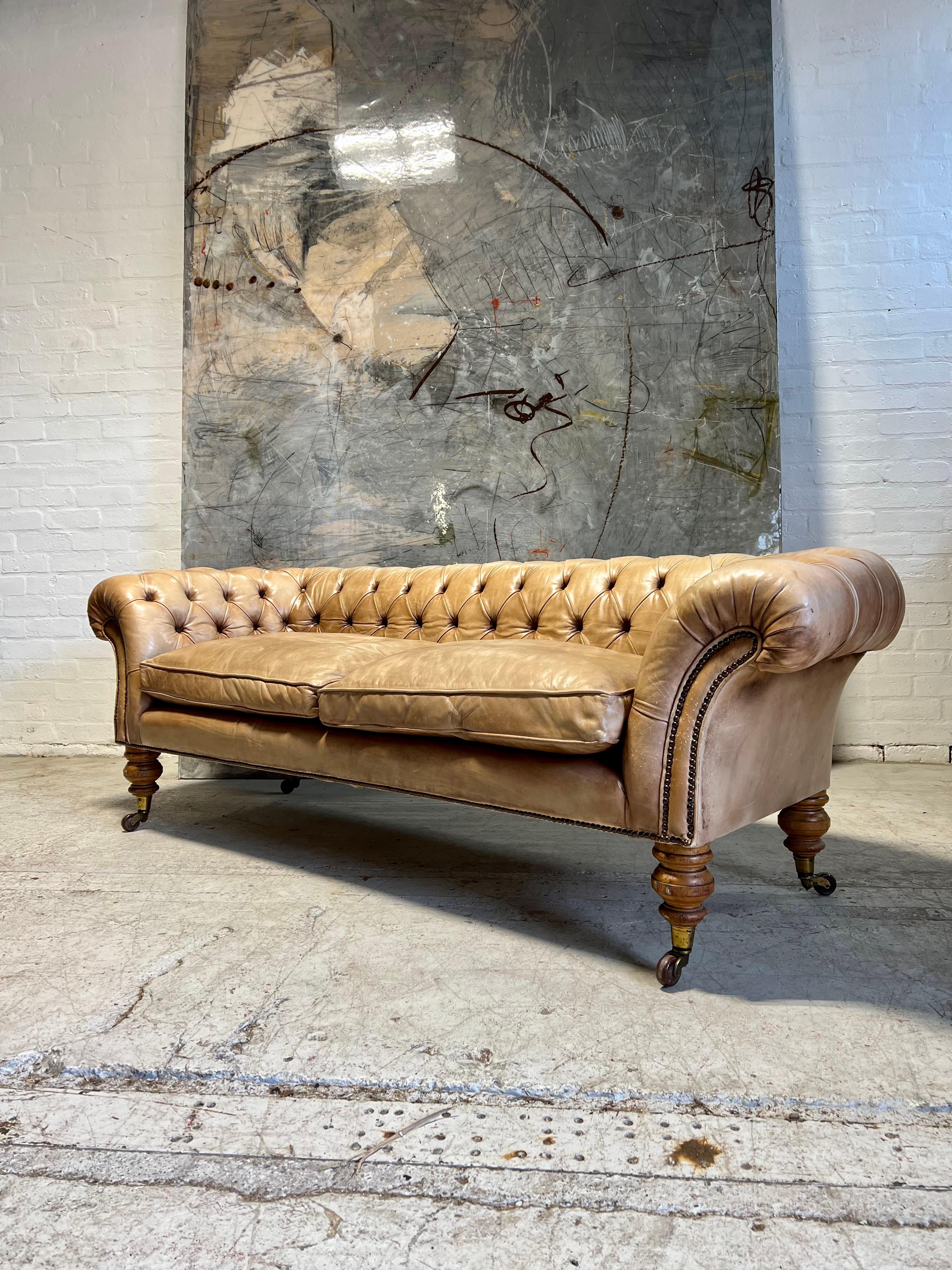 British Antique 19thC Chesterfield Sofa in Hand Dyed Parchment Leather For Sale
