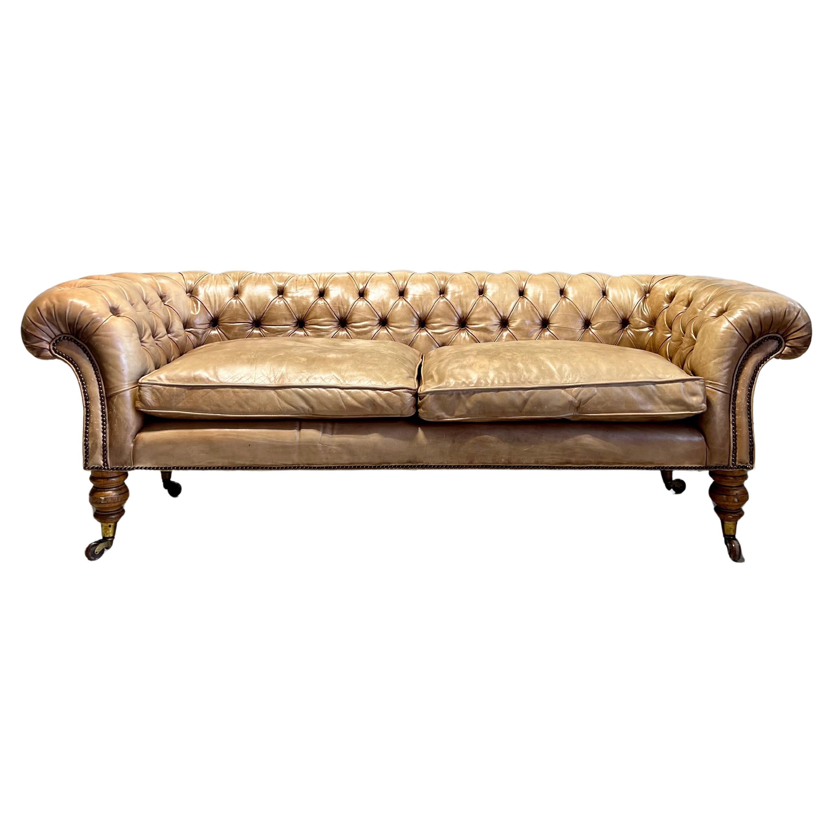 Antique 19thC Chesterfield Sofa in Hand Dyed Parchment Leather For Sale