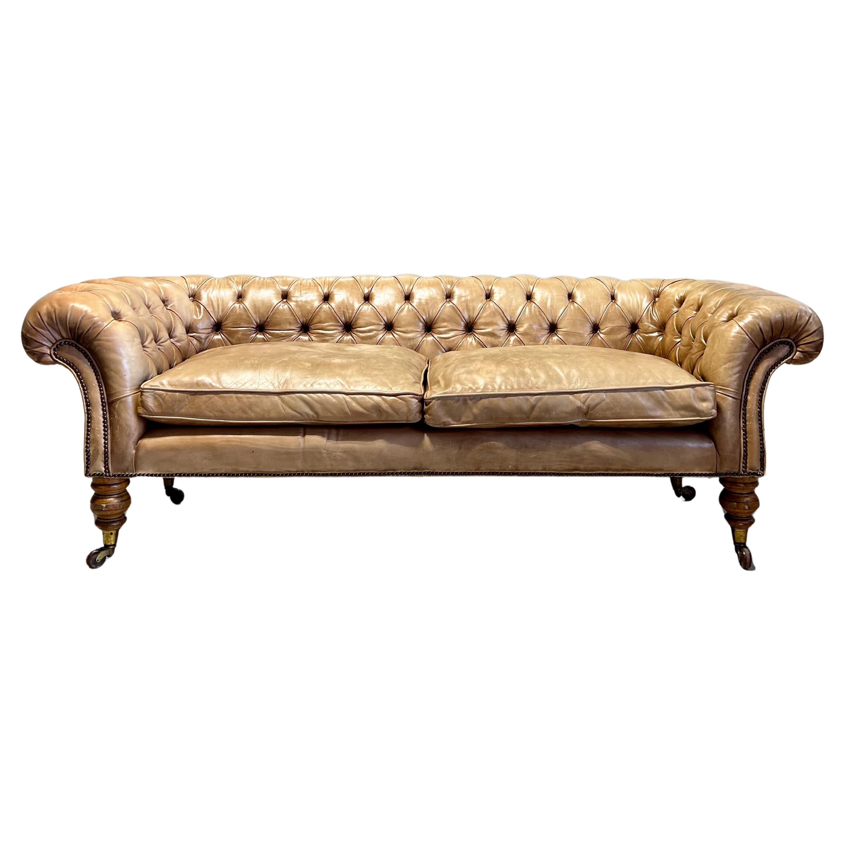 Canapé Chesterfield ancien du 19ème siècle en cuir parchemin teint à la main