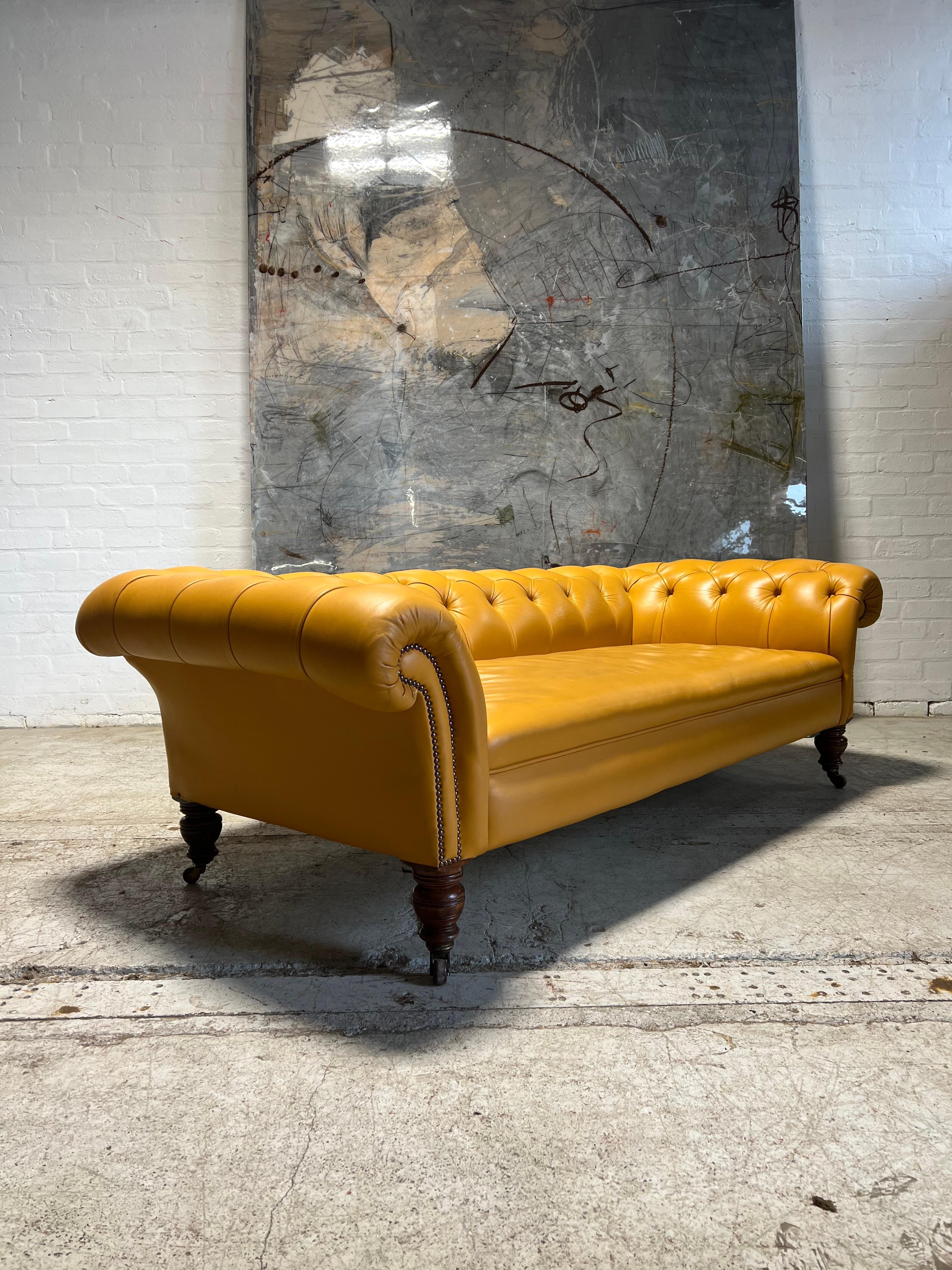As a Lapada dealer and furniture maker, I always have a very good selection of pieces in stock with a wide range of price points.

A very elegant 19thC Chesterfield sofa in a particularly distinctive soft mustard yellow leather.

An incredible seat