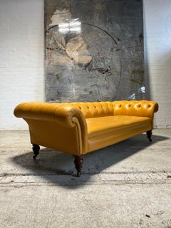 Antique 19thC Chesterfield Sofa in Stunning Sunflower Yellow Leather