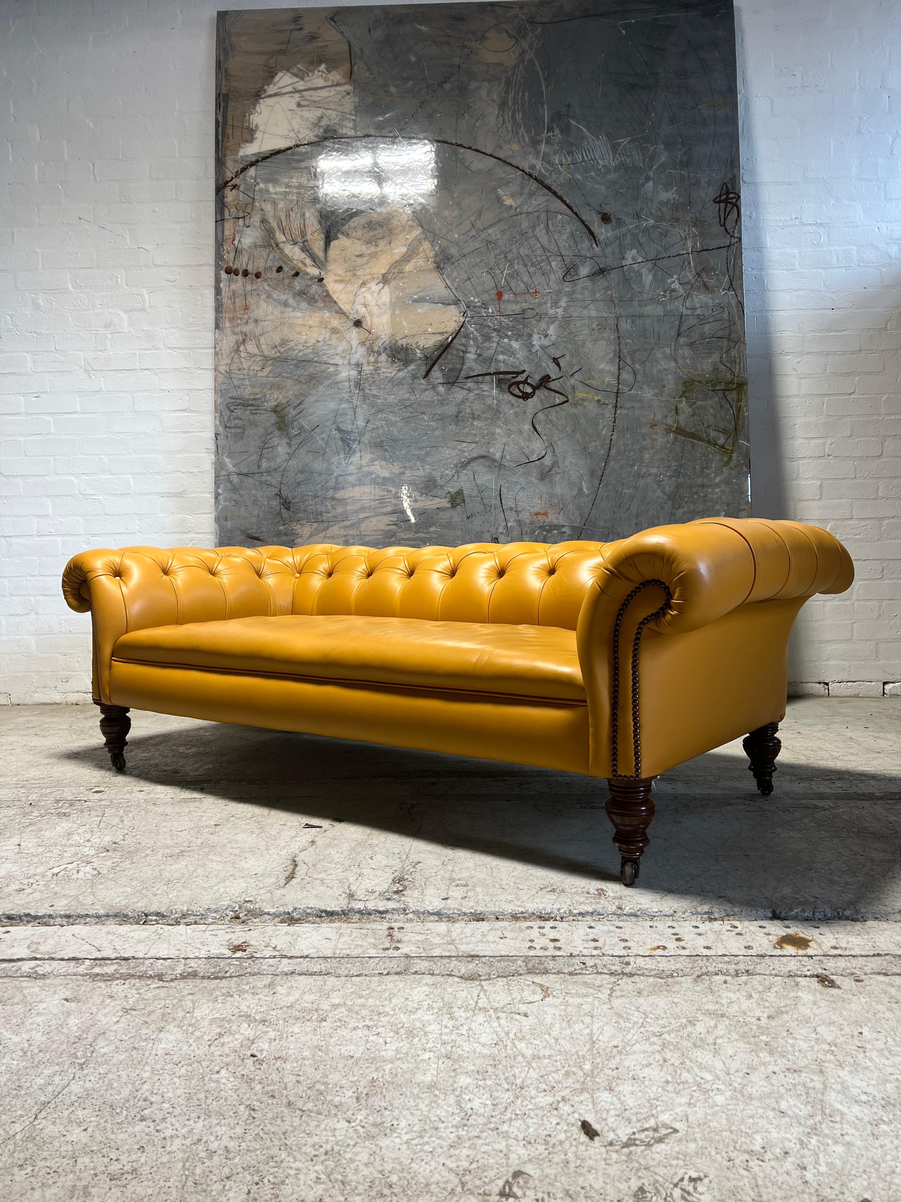 British Antique 19thC Chesterfield Sofa in Stunning Sunflower Yellow Leather For Sale