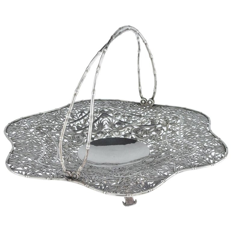 Antique 19th Century Chinese Export Solid Silver Basket Wang Hing Circa 1880