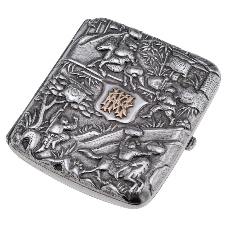 chinese silver cigarette case Antique 19thC Chinese Export Solid Silver Cigarette Case, Hung Chong & Co  c.1900