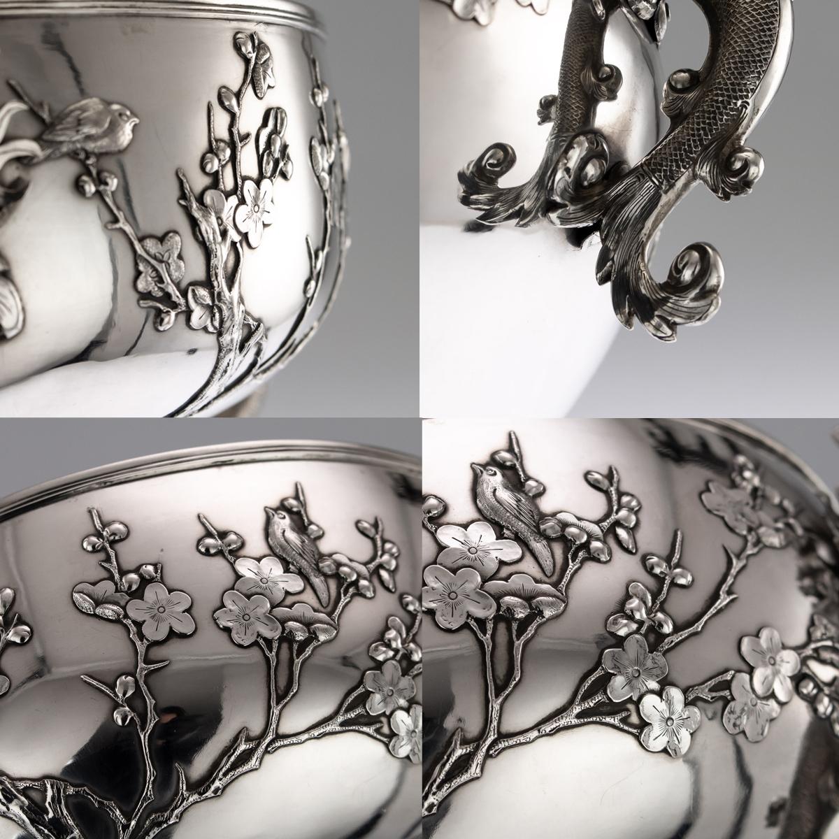 Antique Chinese Export Solid Silver Dragon Bowl, Luen Wo, circa 1890 7