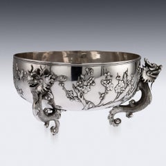 Antique Chinese Export Solid Silver Dragon Bowl, Luen Wo, circa 1890