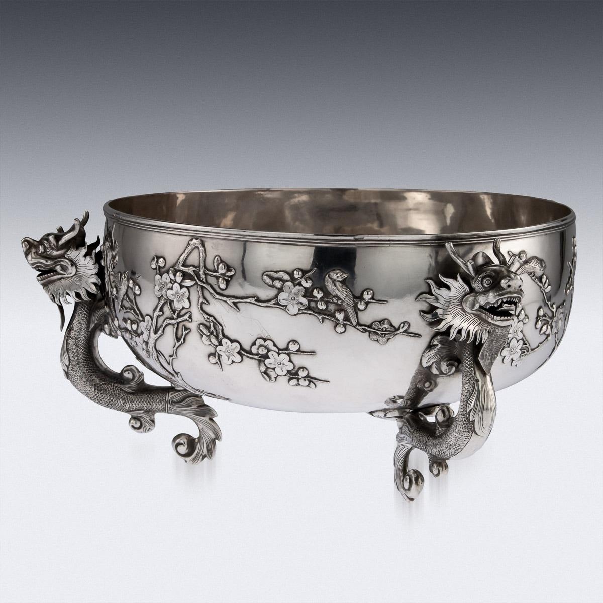19th Century Antique Chinese Export Solid Silver Dragon Bowl, Luen Wo, circa 1890