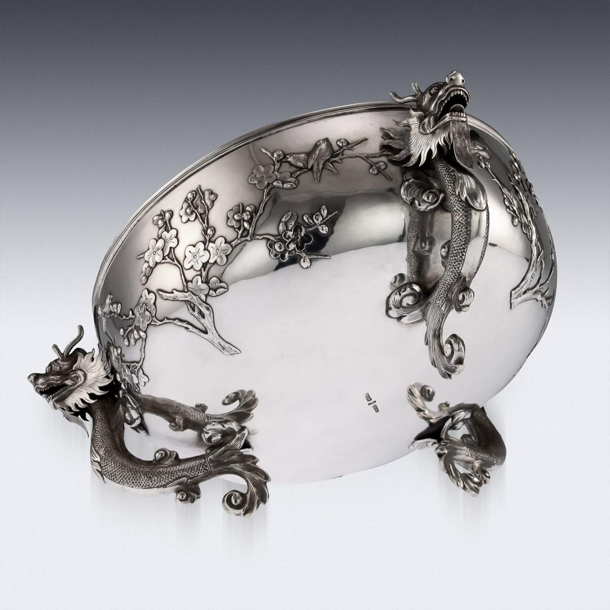 Antique Chinese Export Solid Silver Dragon Bowl, Luen Wo, circa 1890 2