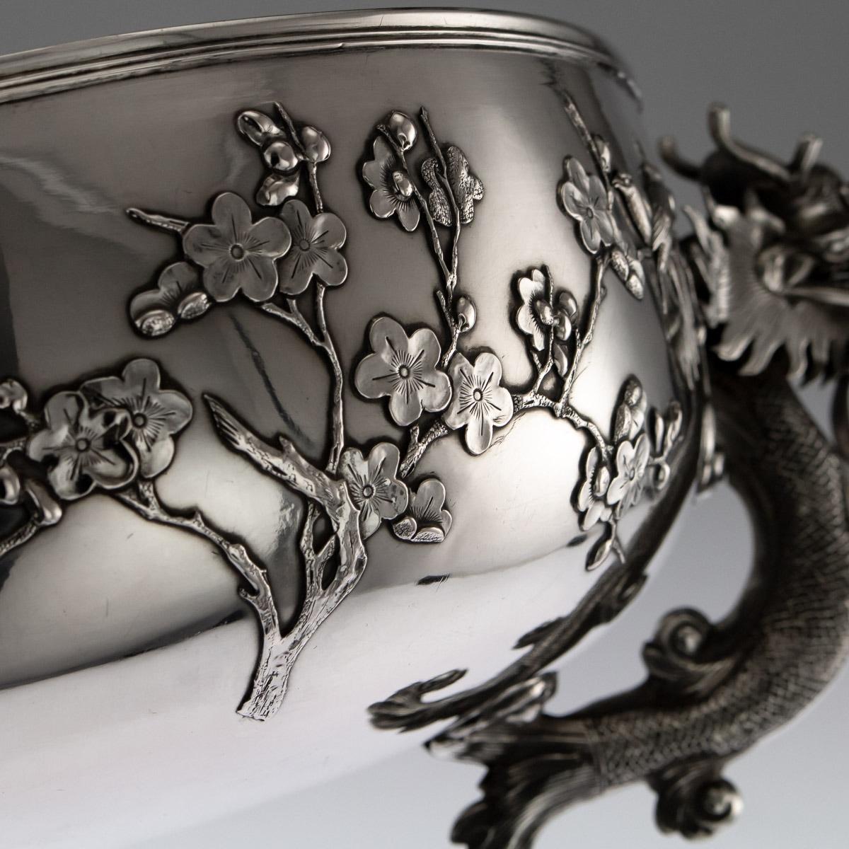 Antique Chinese Export Solid Silver Dragon Bowl, Luen Wo, circa 1890 3