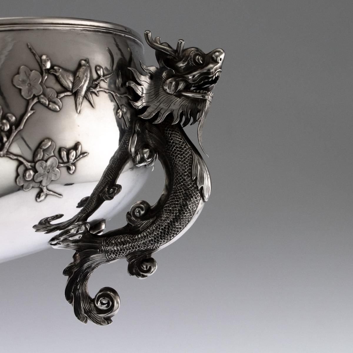 Antique Chinese Export Solid Silver Dragon Bowl, Luen Wo, circa 1890 4