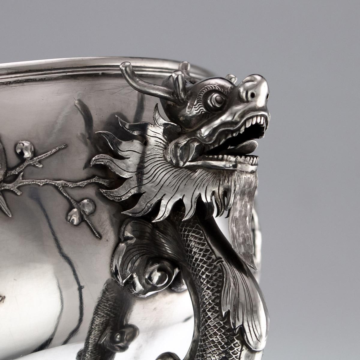 Antique Chinese Export Solid Silver Dragon Bowl, Luen Wo, circa 1890 5