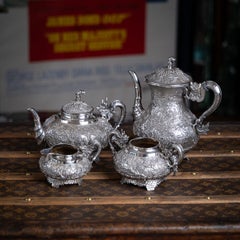 Antique 19thC Chinese Export Solid Silver Four Piece Tea Set, Wang Hing c.1880
