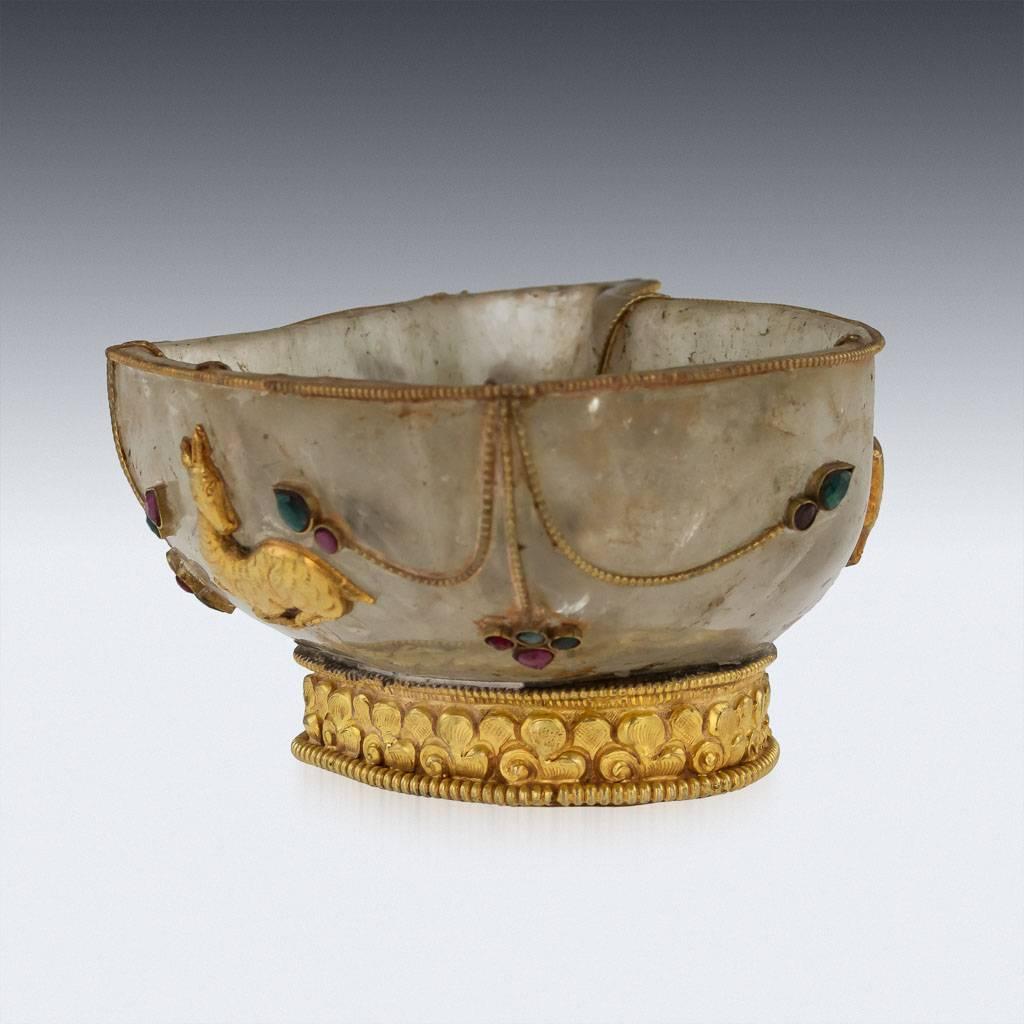 Antique 19th century Chinese / Tibetan gem-set, silver-gilt and rock crystal brush wash pot, the naturally shaped body beautifully applied with silver gilt wire-work, set with ruby’s and emeralds. The bowl set on a decorative foot, beautiful floral