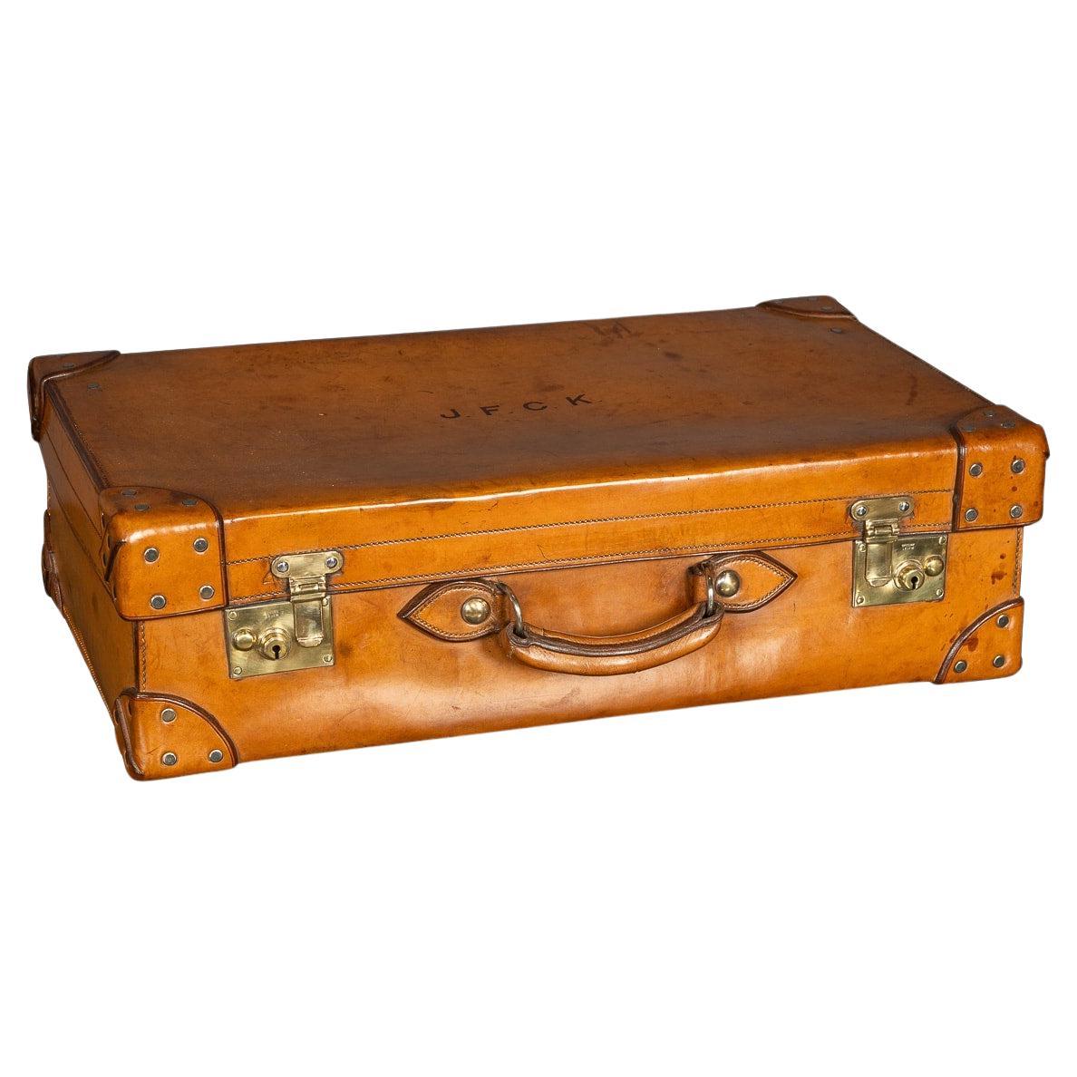 Antique 19thC English Leather Overnight Case With Six Silver Topped Jars c.1881 For Sale