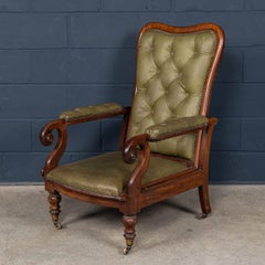 Antique 19thC English Mahogany Reclining Armchair With Green Leather Upholstery