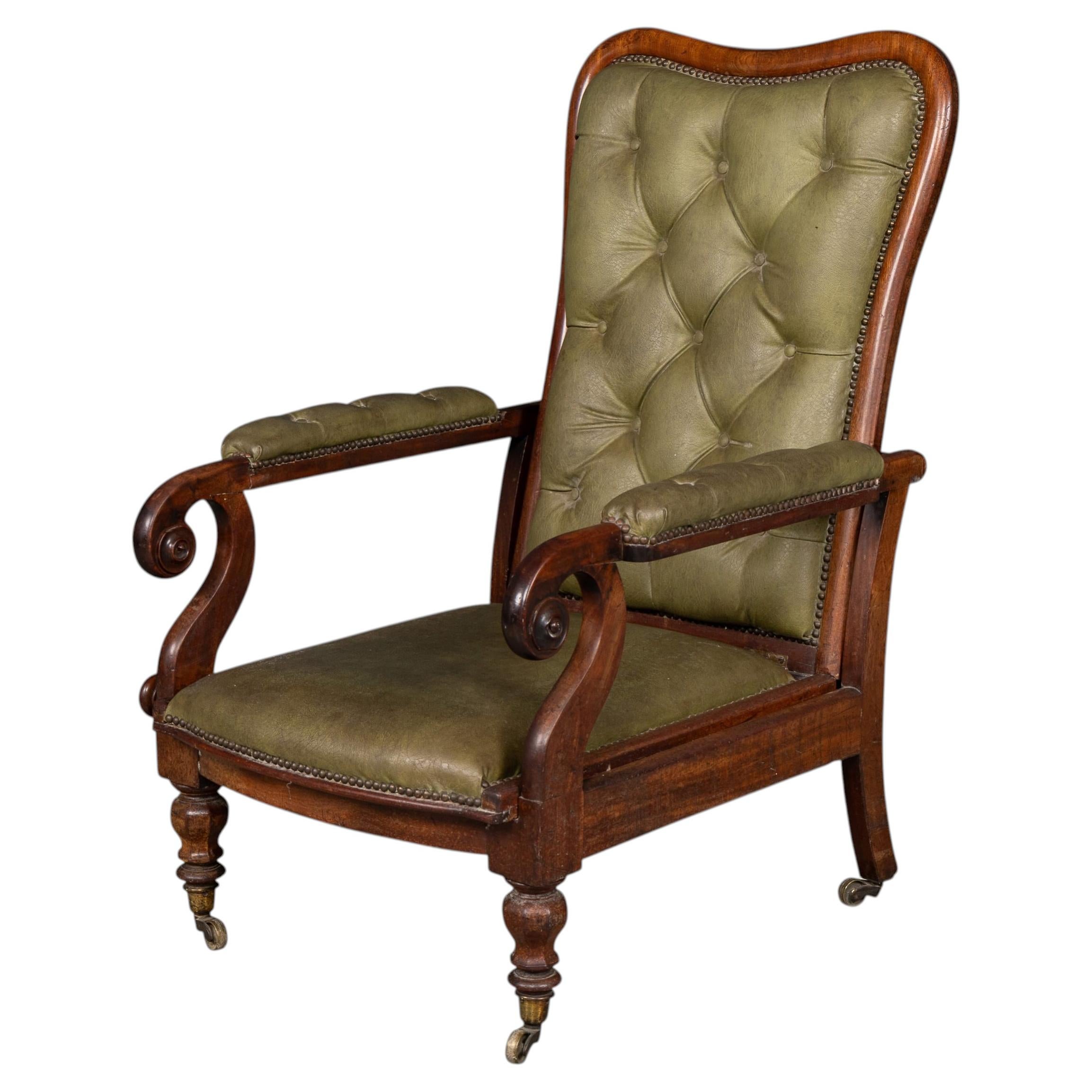Antique 19thC English Mahogany Reclining Armchair With Green Leather Upholstery