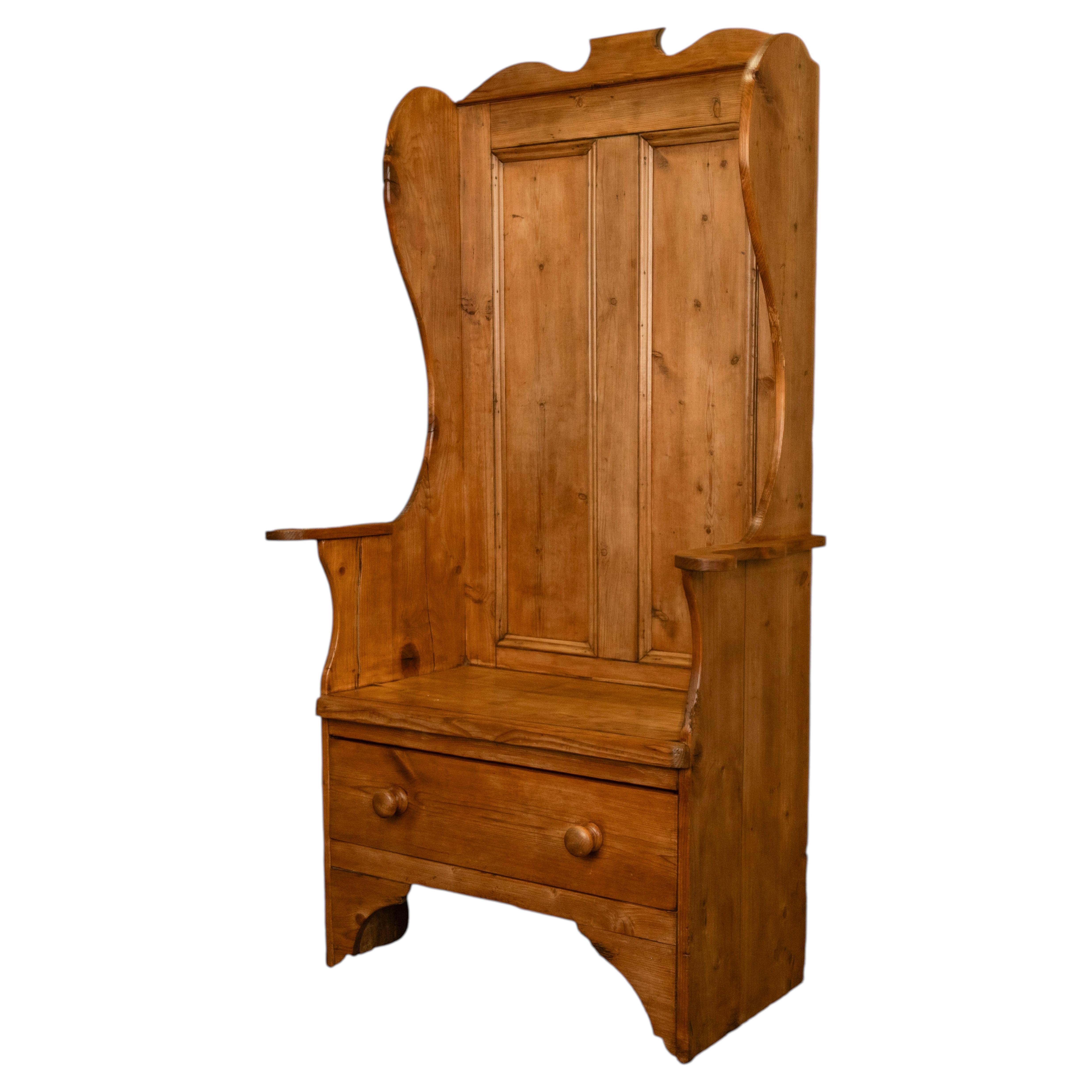 Antique 19thC English Pine Lambing Chair Hall Bench Settle With Drawer 1860