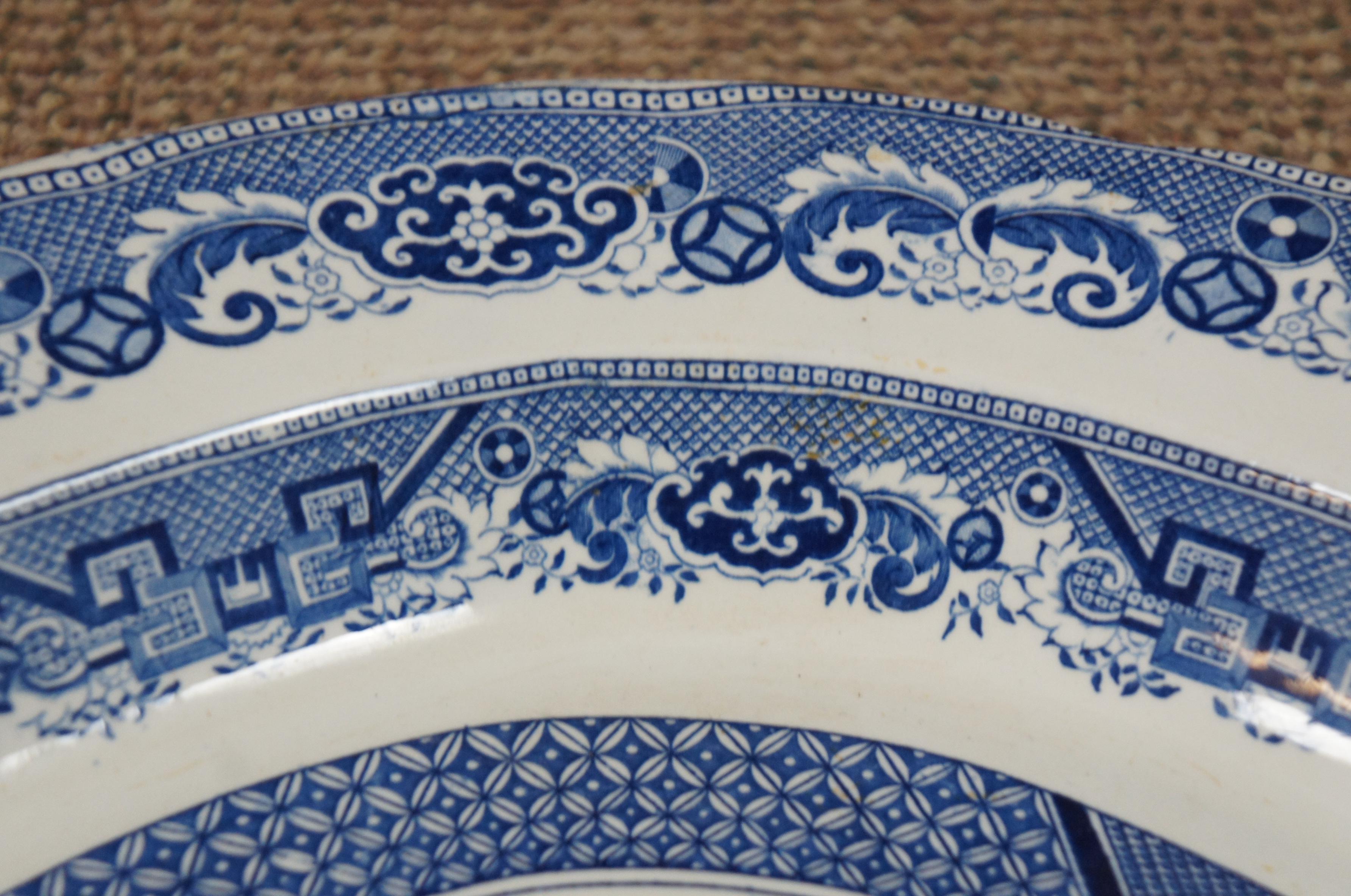 Antique 19thC English Staffordshire Blue Willow Porcelain Serving Platter In Good Condition In Dayton, OH