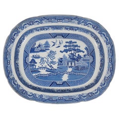 Antique 19thC English Staffordshire Blue Willow Porcelain Serving Platter