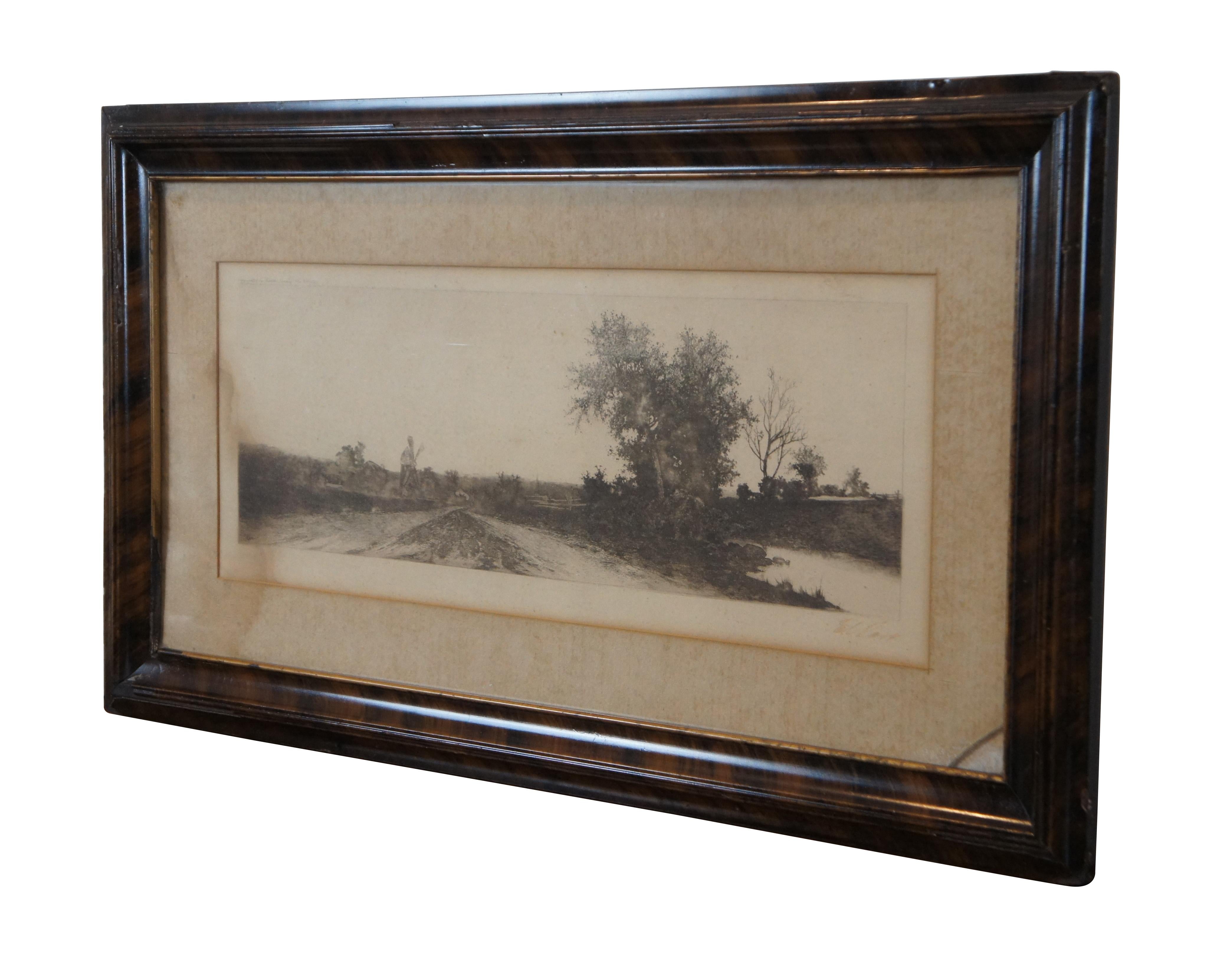 Late 19th century landscape etching by Ernest C. Rost, showing a country road flanked by fields, trees, and a windmill. Copyrighted by Radtke Lauckner & Co, New York, 1893. Signed in plate, lower left. Faded ink signature at lower right.

“ERNEST