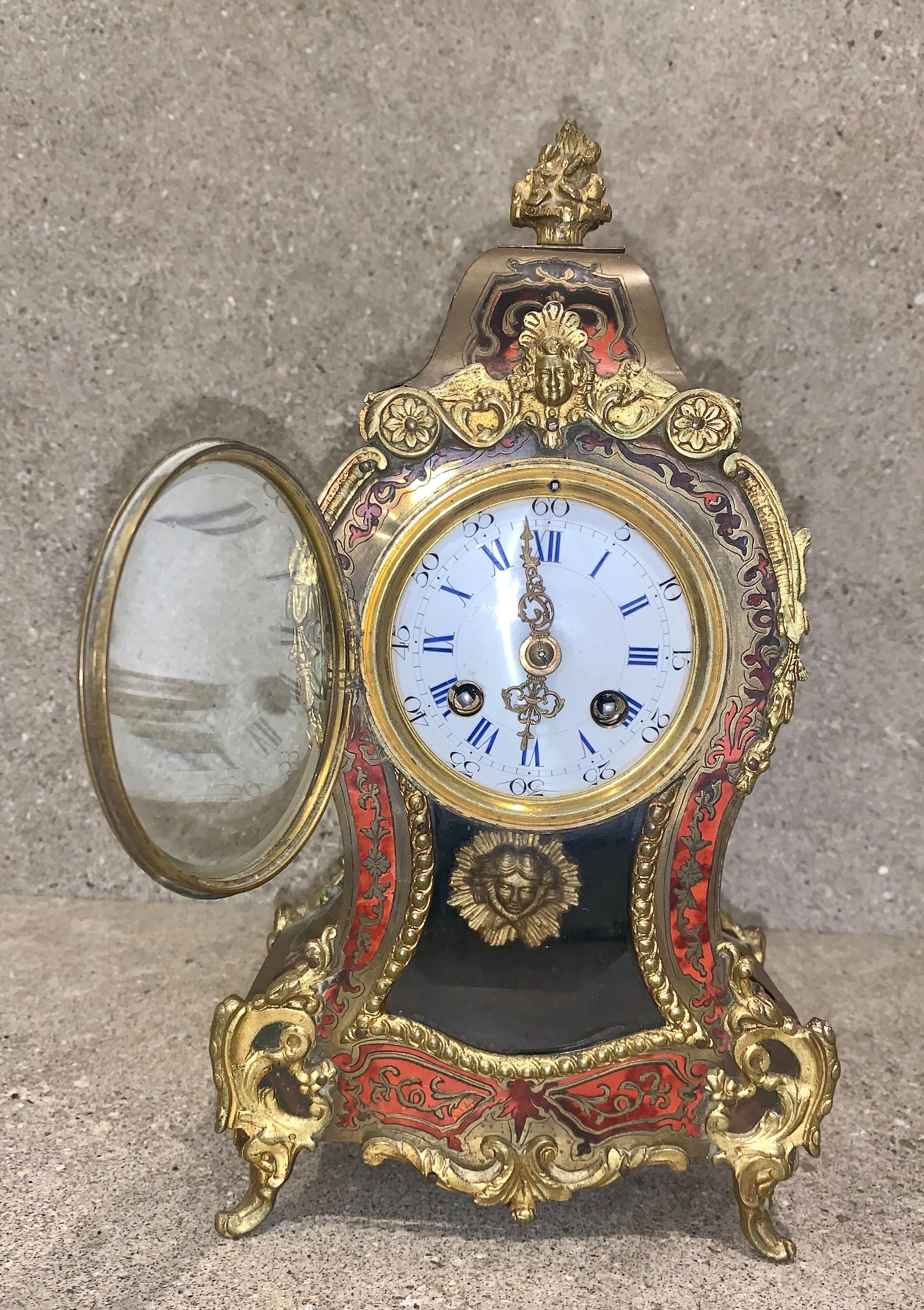 Antique 19thc French 8 Day Bell Striking Red Shell & Inlaid Boulle Mantle Clock For Sale 2