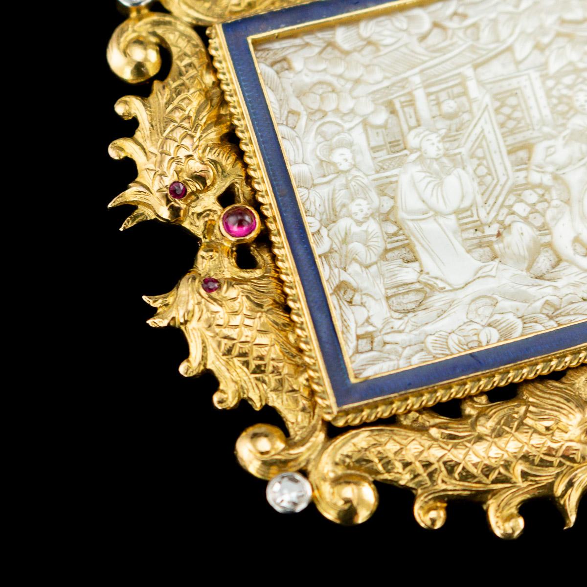19th Century Antique French Chinoiserie 18 Karat Gold, Gem-Set and Enamel Brooch, circa 1890
